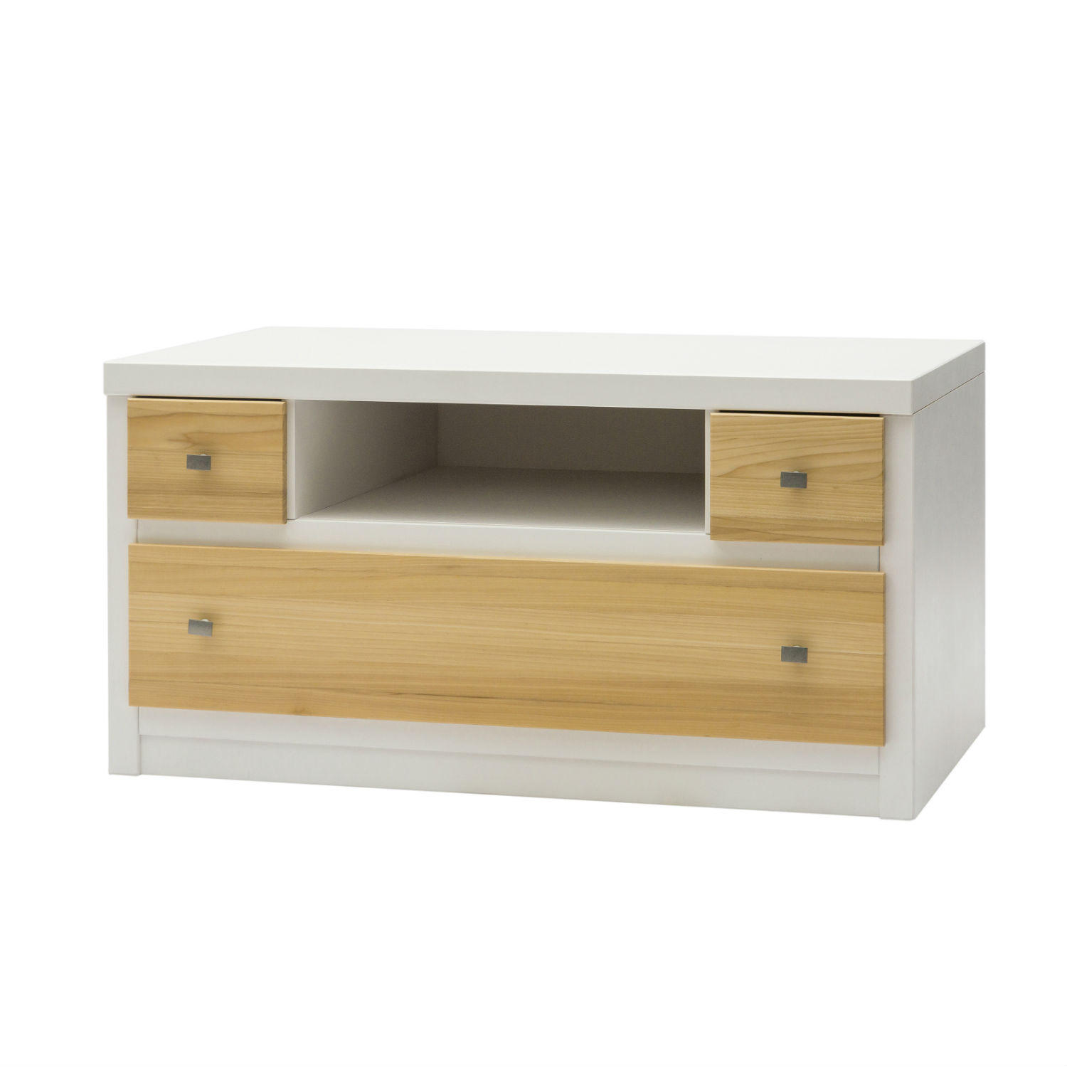 Mobile Moderno Porta Tv  In Legno Laccato Bianco E Naturale Con 3 Cassetti E Vano A Giorno (disponibile anche in altri colori)